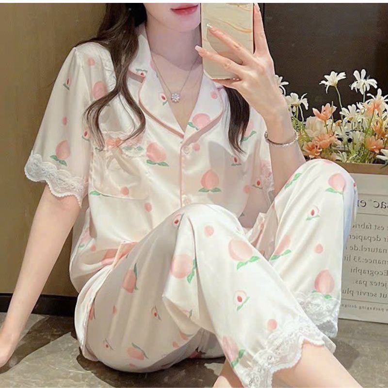 PIJAMA LỤA VIỀN REN ANH ĐÀO TƯƠI TẮN