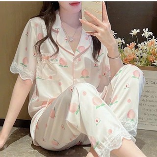 Pijama lụa viền ren anh đào tươi tắn
