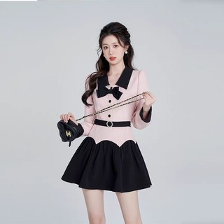 Váy đầm xòe phối màu đen hồng cắt bèo lượn dáng vest tiểu thư