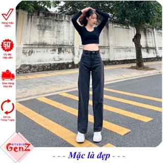 Quần jean nữ ống rộng lưng cao, Quần bò nữ ống rộng cạp cao màu Đen Tuyền dáng suông, kiểu baggy ống đứng chất đẹp JNDK1