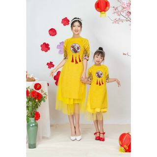 ⚡️ có big size 5XL ⚡️ AD1729 SET ÁO DÀI CÁCH TÂN MẸ VÀ BÉ ĐÍNH HOA TAY GẤM PHỐI VÁY LƯỚI không kèm mấn