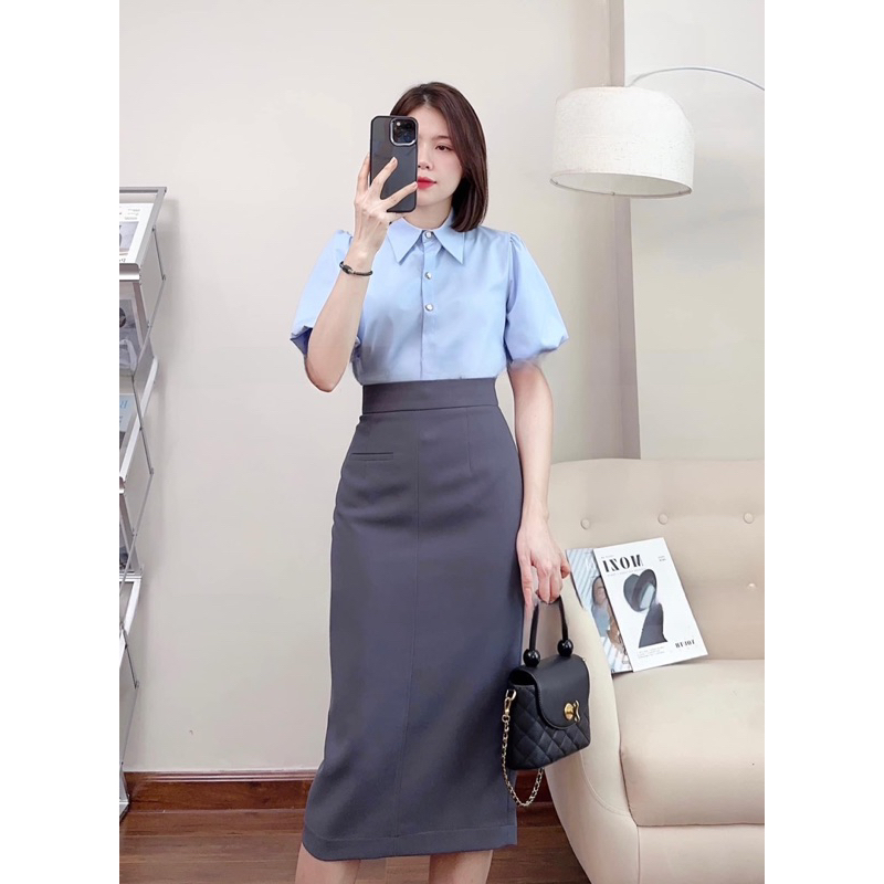 Chân Váy Bút Chì Lưng Cao Dáng Dài Qua Gối Kèm Túi Cơi Xẻ Sau