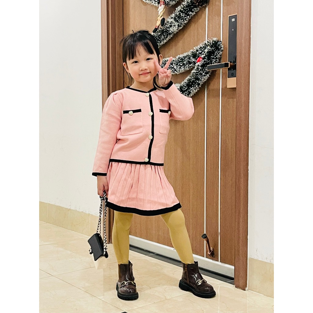 Set váy áo hồng công chúa áo len chân váy dạ siêu ấm cho bé gái, đi chơi đi học xinh dễ thương 8 - 30kg