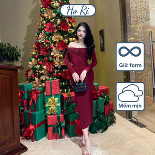 Đầm body trễ vai dáng dài, váy maxi co giãn dự tiệc, vải nhúng co giãn đỏ đen ghi - Hori Store