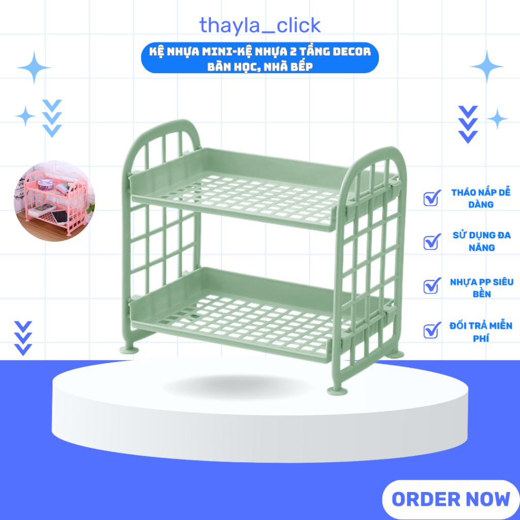 Kệ nhựa mini 2 tầng lắp ghép, Giá để đồ 2 tầng mini lắp ghép bằng nhựa để bàn học bàn trang điểm tiện lợi (Kệ 4 lưới)