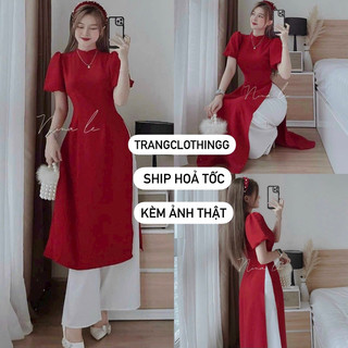 Set áo dài, Set áo dài tết màu đỏ kèm quần set đồ nữ áo dài cách tân xẻ tà tay bồng mặc chúc tết