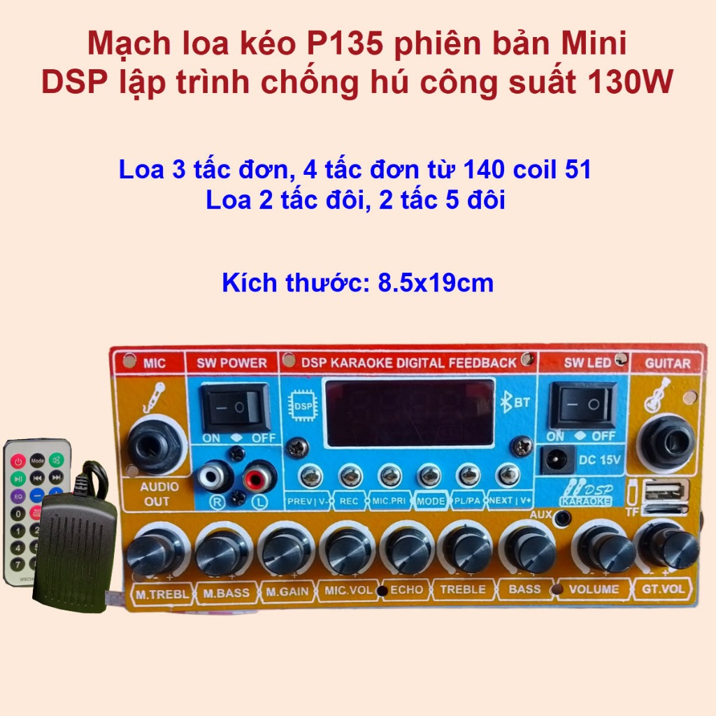 Mạch loa kéo P135 phiên bản mini lập trình chống hú công suất 130W