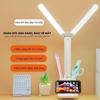 Đèn học chống cận. đèn học đôi tích điện để bàn 3 chế độ sáng có kèm ống cắm bút