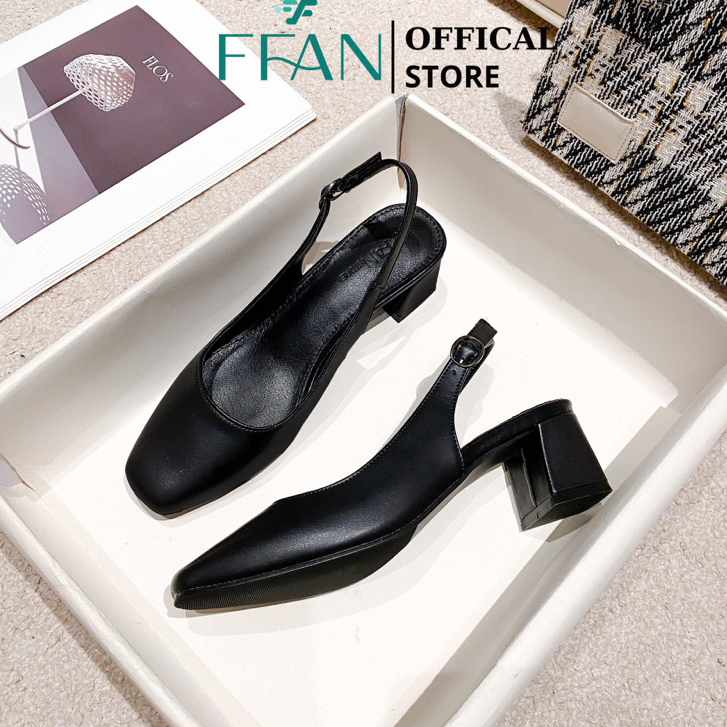 Giày nữ hở gót mũi vuông đế vuông [da thật] mềm mại, cao gót bít mũi quai cài màu đen 3 5 7 phân big size FFAN STORE 333