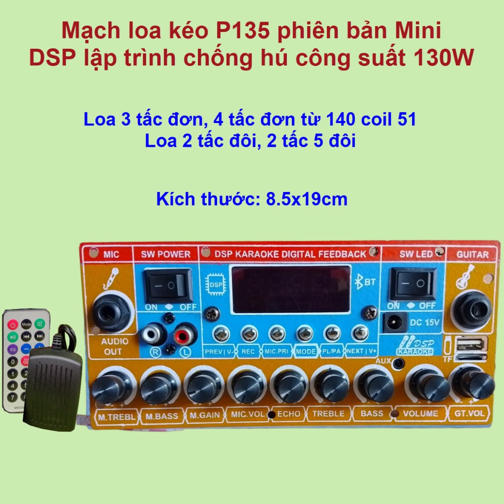 Mạch loa kéo P135 phiên bản mini lập trình chống hú công suất 130W