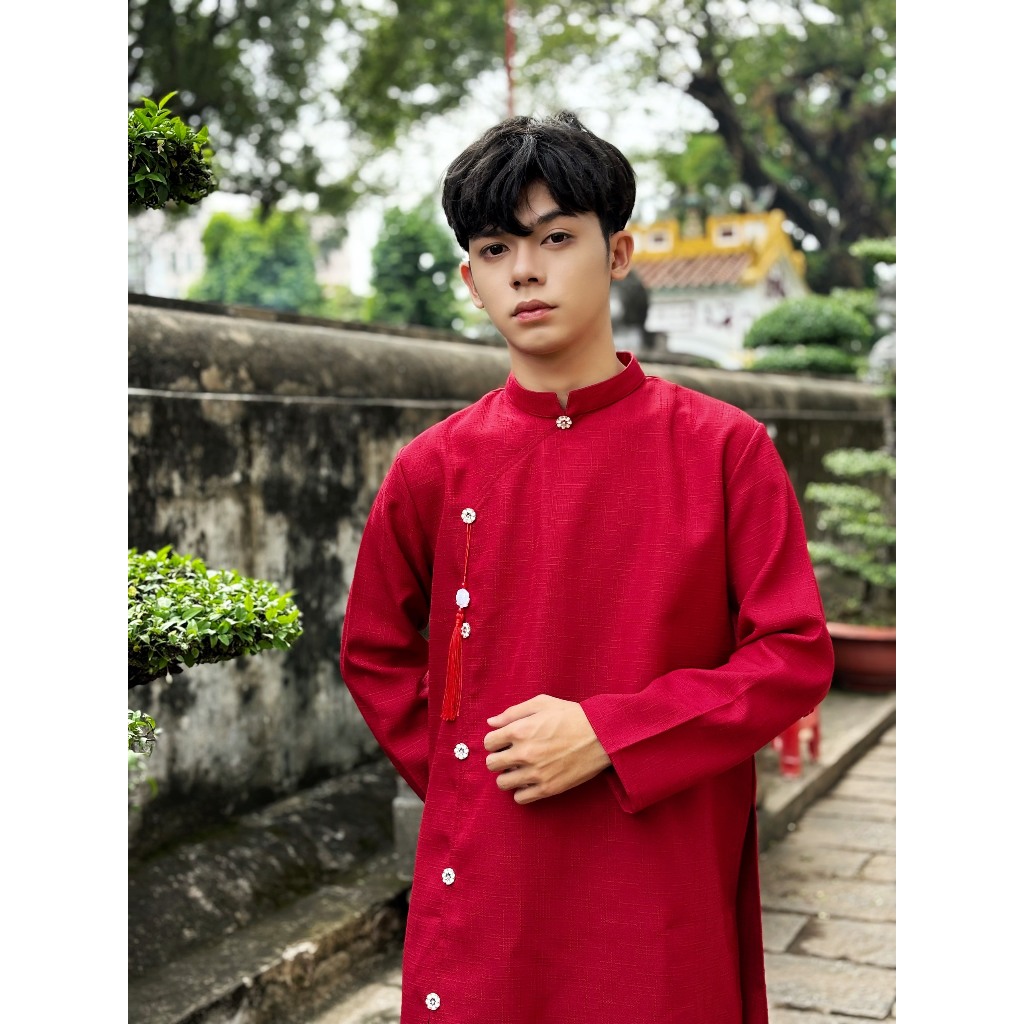  Áo Dài Nam Cách Tân  Áo Dài Tết gắn ngọc bội phối nút Hoa Mai Chất Vải Linen Dày Dặn Mr Smile 99 Shop AD01 