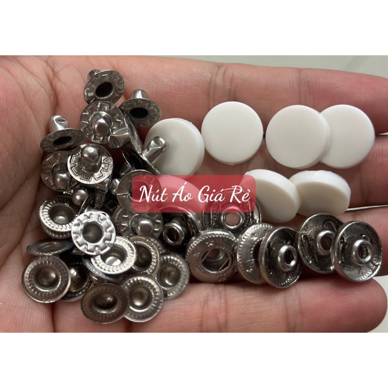 Sét 20 - 50 Nút bóp/ nút bấm 4 chi tiết/ 4 thành phần nhựa 15mm trắng & đen,inox màu bạc & đồng