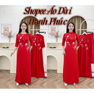 A2 áo dài màu đỏ vải lụa mỹ thêu hoa