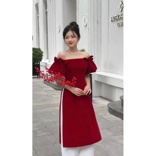 Áo dài nhung cách tân trễ vai tay bồng - áo dài tết nhung đỏ