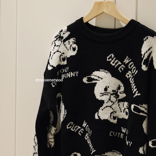 Áo len đen thỏ trắng dày dặn Woo Bunny