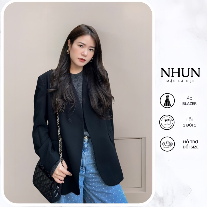 Áo blazer nữ dài tay vạt tròn NhunFashion Áo vest nữ khoác ngoài thiết kế cổ tròn form suông hàng 2 lớp có đệm vai N136