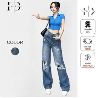 Quần jeans nữ ống suông QJ0065 Delys rách gối cạp cao hack dáng