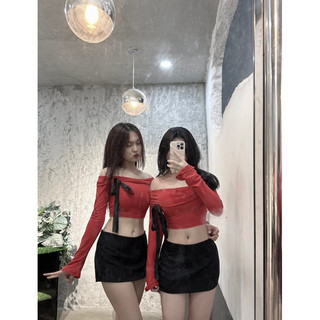 pass áo trễ vai đỏ cột nơ