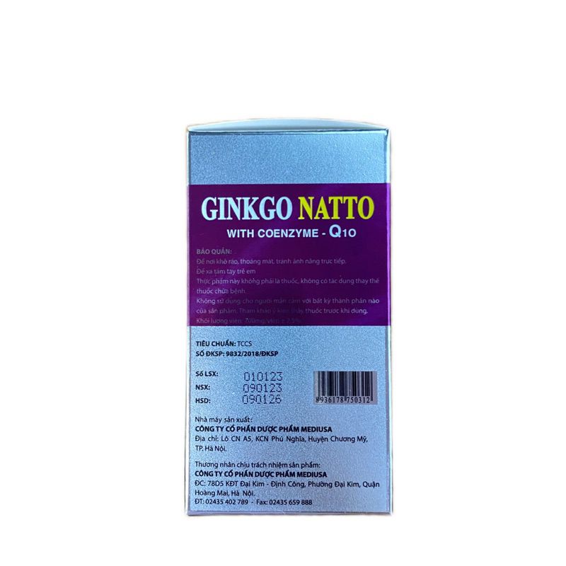 Bổ não GINKGO NATTO Coenzym Q10 tím, hộp 100 viên nang mềm. BỔ NÃO, Tăng cường lưu thông tuần hoàn não