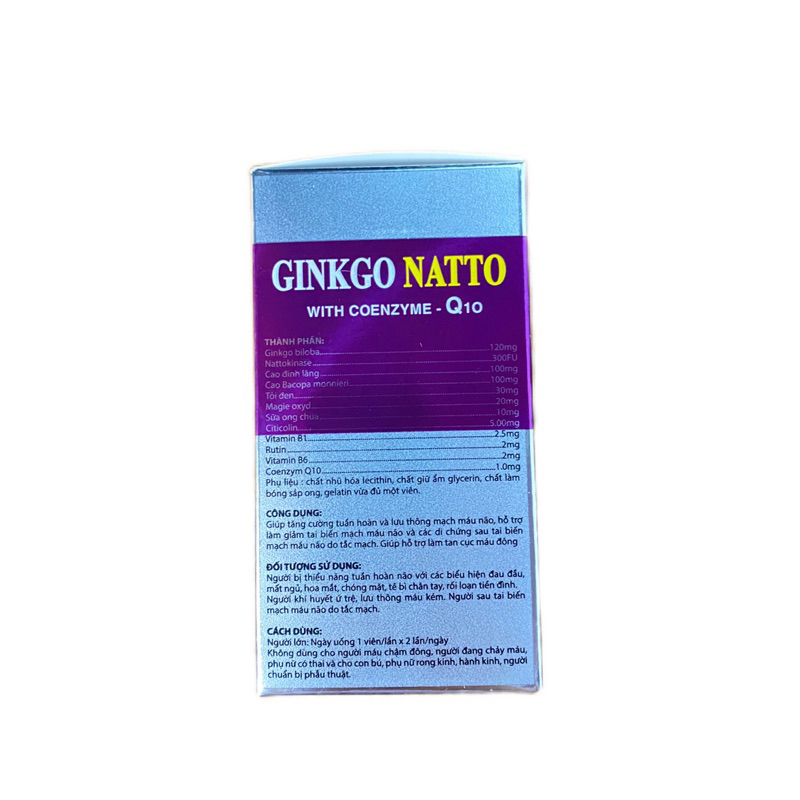 Bổ não GINKGO NATTO Coenzym Q10 tím, hộp 100 viên nang mềm. BỔ NÃO, Tăng cường lưu thông tuần hoàn não
