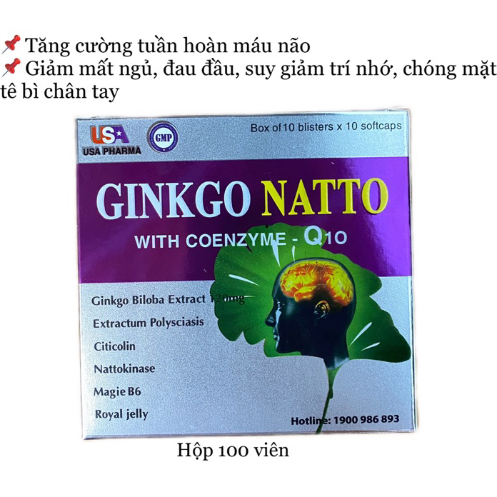 Bổ não GINKGO NATTO Coenzym Q10 tím, hộp 100 viên nang mềm. BỔ NÃO, Tăng cường lưu thông tuần hoàn não