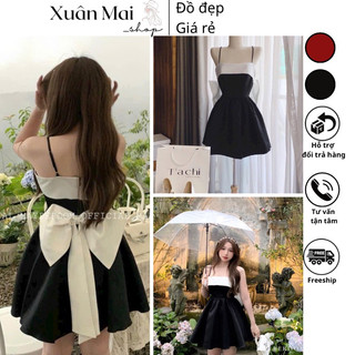 [FREESHIP] Đầm hai dây đính ngọc form ngắn bí xoè phồng chất nhung bìa cứng đứng form ba màu đỏ nâu đen mặc Noel Tết
