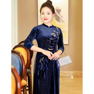 Áo dài nhung hoa 🧧ngày lễ tết thanh lịch sang trọng - chất vải gấm nhung cổ 2,5 cm