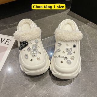 Sục Cross lông nữ màu đông gắn charm Gấu Tam Giác, dép sục nữ siêu ấm Đức Phúc