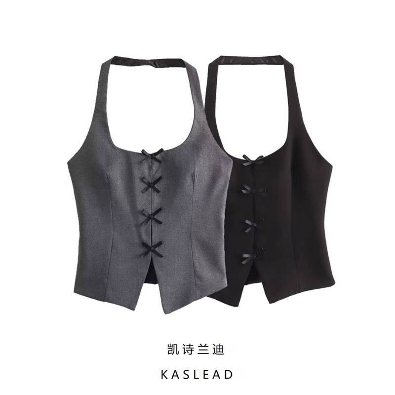 Áo xám cổ yếm phối nơ hàng TQ