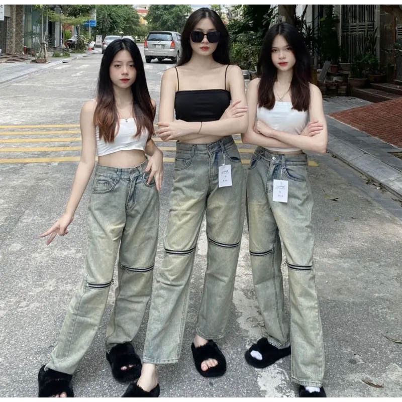 Quần jean ống rộng khóa gối nữ nam, màu xám xanh rêu, dáng suông phong Cách Hàn Quốc Cá Tính size S, M, L-Q15