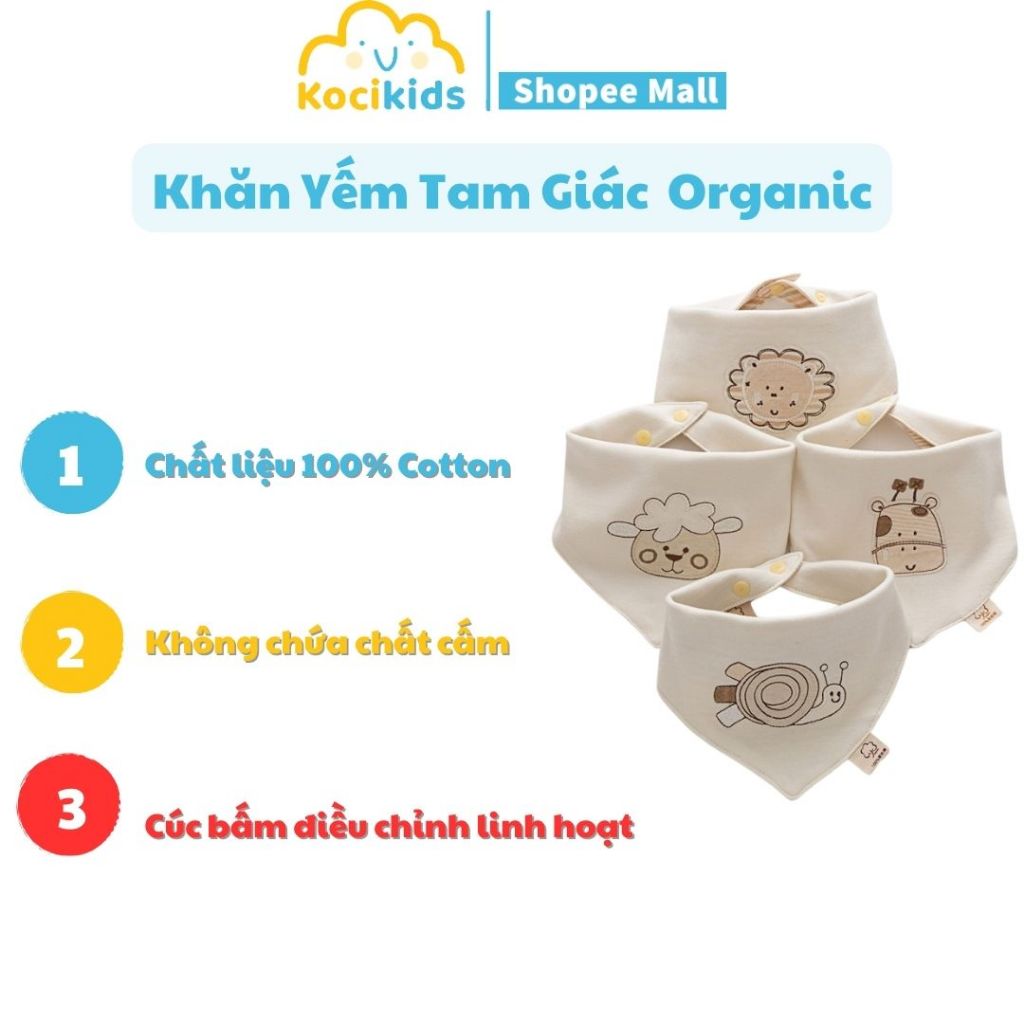 Khăn yếm tam giác hữu cơ organic hoạt hình cho bé, chất mềm mịn dày dặn có cúc bấm phía sau