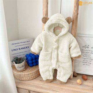 Bodysuit Lông Cừu Siêu Mịn 2 Mặt Liền Mũ Đính Gấu Nổi Ấm Áp Cho Bé, Body LOTUKA Bé Trai Bé Gái, Quần Áo Trẻ Em 3-12kg