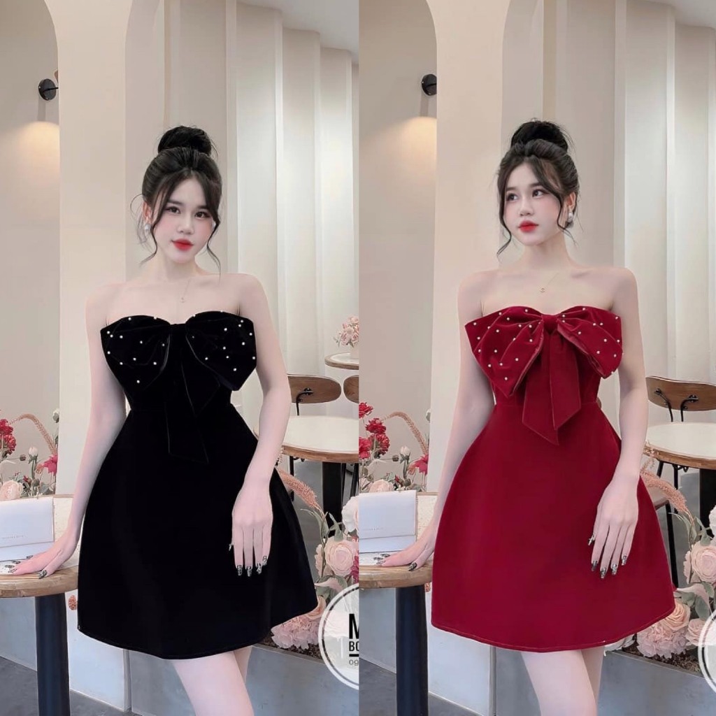 Đầm váy nữ trễ vai kết nơ đính cườm xòe chữ A diện đi chơi, hẹn hò siêu xinh