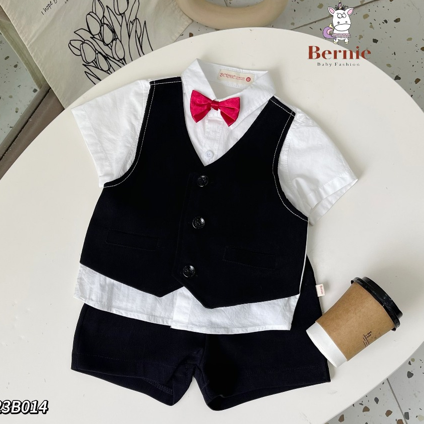 Bộ công tử cộc tay bé trai gile nơ Đỏ Bernie - Bộ bé trai Hàn Quốc set 3 chi tiết cho bé 9-23kg - 1023B014