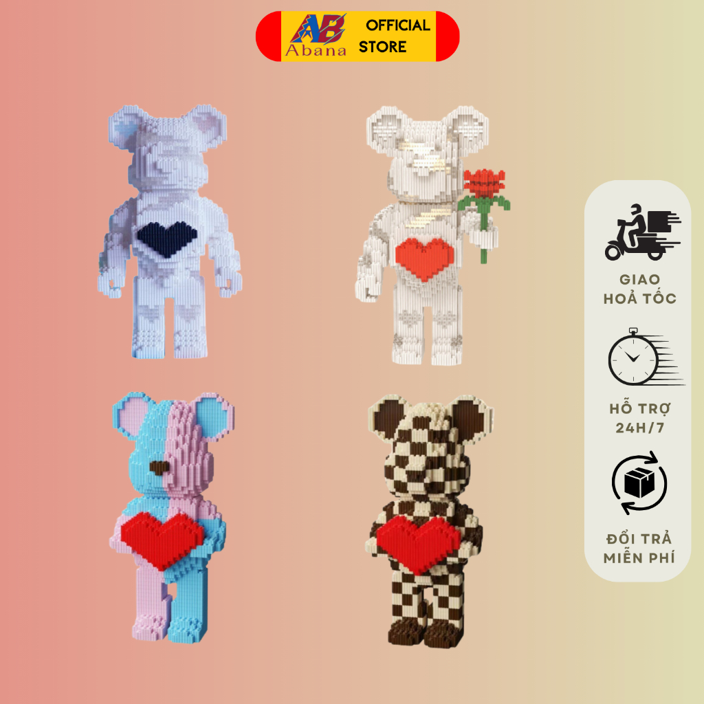 LEGO BEARBRICK 35CM DUZ, Đồ Chơi Ghép Gấu Bearbrick 35cm Trái Tim Abana Dành Cho Mọi Lứa Tuổi, Kèm HDSD,Tặng Kèm Đèn Búa