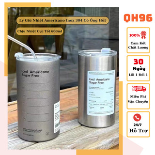Ly giữ nhiệt iced americano 600ml , bình giữ nhiệt cao cấp inox 304 có ống hút ly uống coffee 600ml