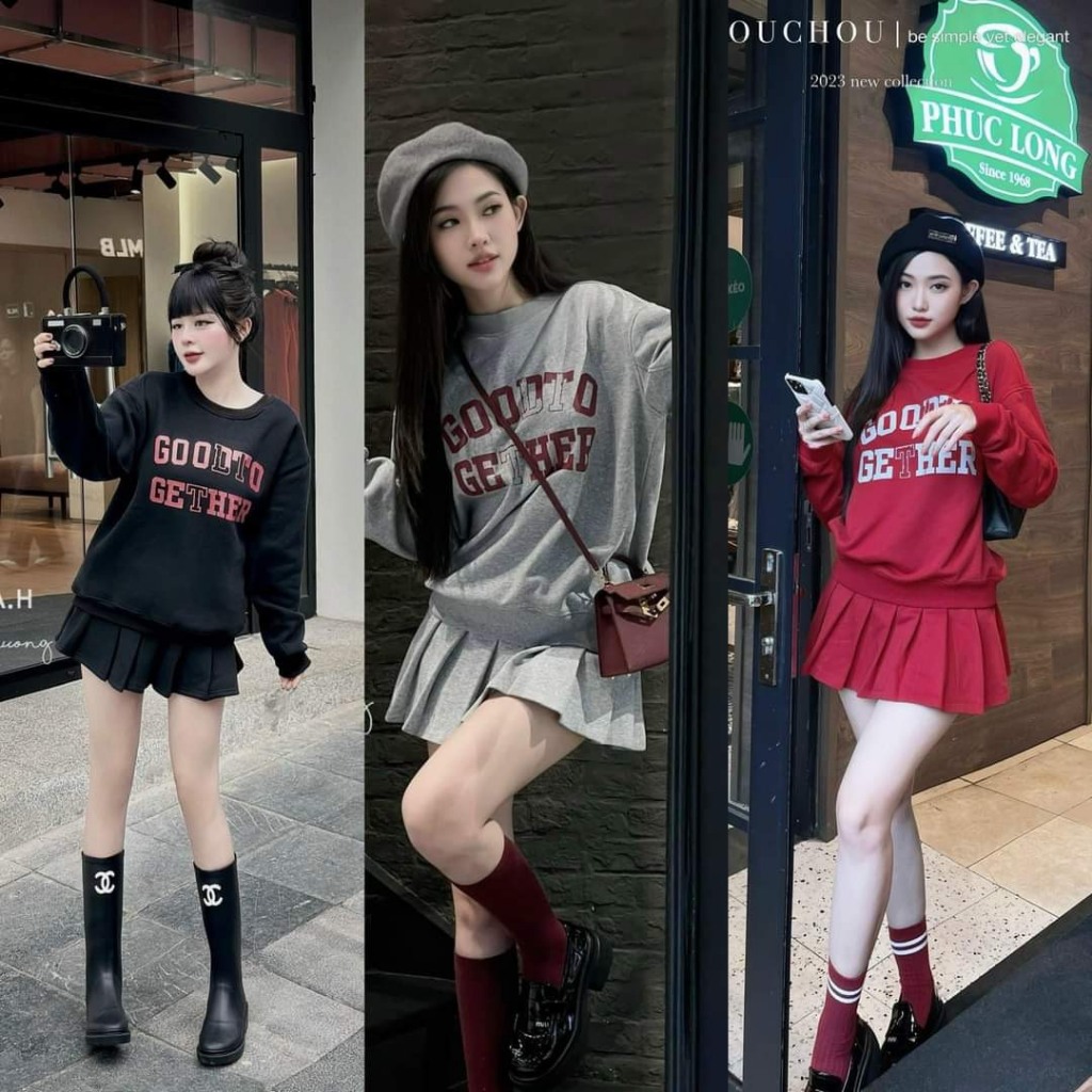 Set đồ nữ áo sweater in chữ đỏ kèm chân váy tennis chất liệu nỉ mềm mịn kiểu dáng thể thao hiện đại