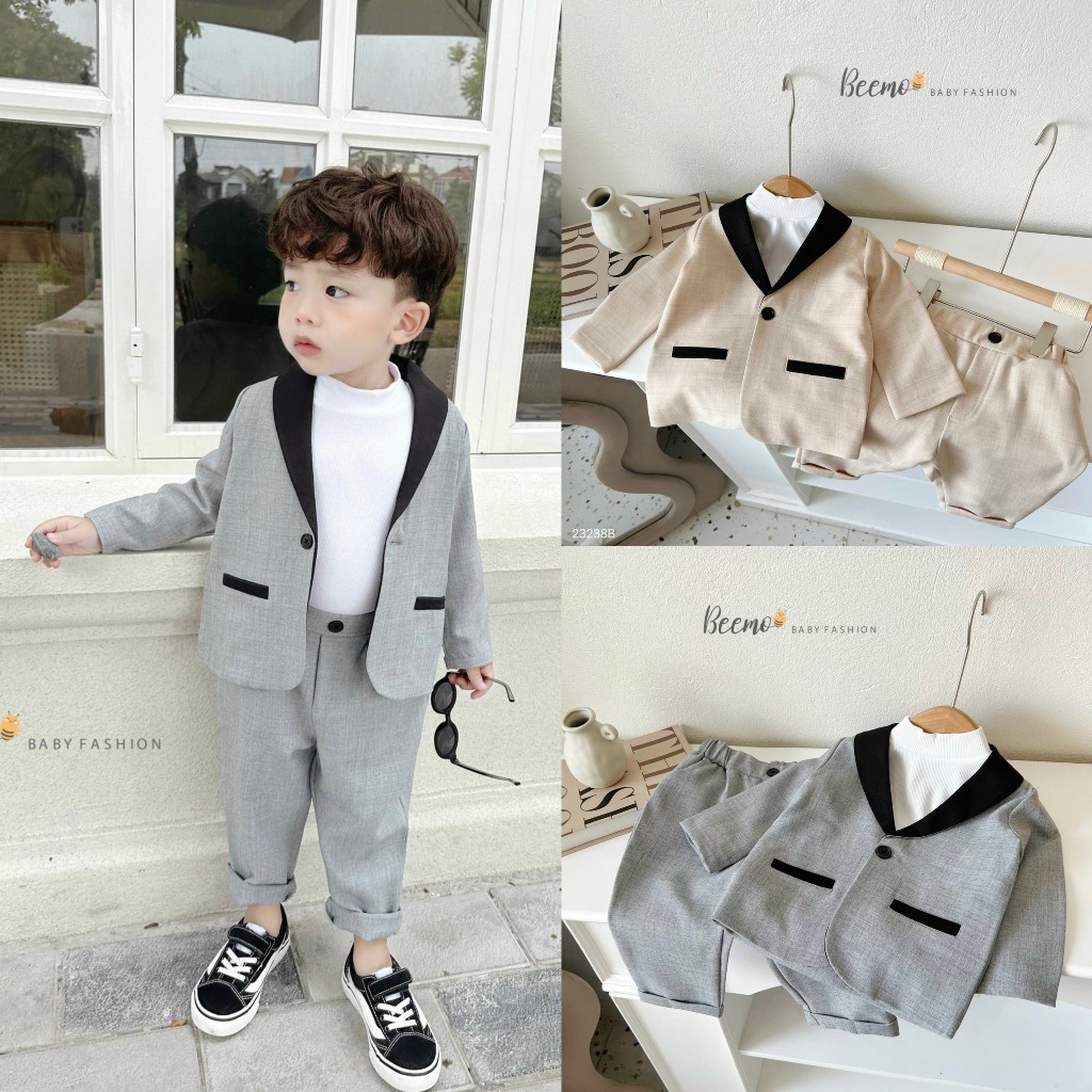 Bộ quần áo công tử bé trai 2 chi tiết (áo vest cổ sam vải xước kèm quần baggy) BEEMO