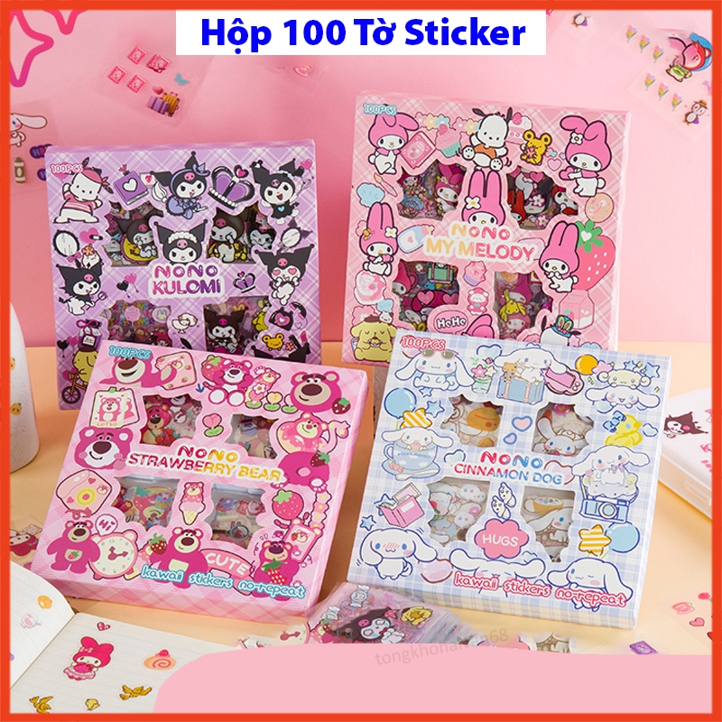 Hộp 100 tấm set sticker trang trí dán tập vở, bình nước, bút nước cute dễ thương