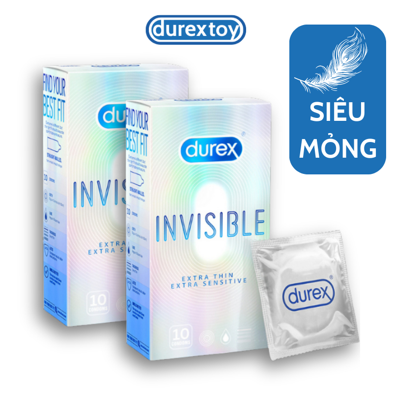 Bộ 2 hộp bao cao su Durex Invisible siêu mỏng, bôi trơn size 52mm, hộp 10 bao chính hãng - Durextoy