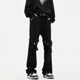 Quần jean dáng dài ống suông phối dây đính cúc Thời Trang Đường Phố Mỹ Cá Tính Cho Nam Nữ Q138