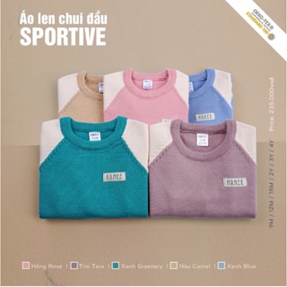 Áo len chui đầu cho bé trai bé gái sportive HRNEE 3 màu xanh, hồng, nâu camel, áo len mùa đông cho bé từ 6 tháng 4 tuổi