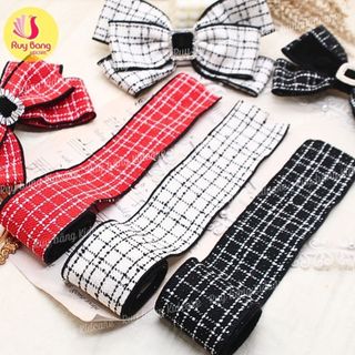 Ruy băng kẻ dạ tweed, chất liệu dày dặn dùng làm kẹp tóc, phụ kiện may mặc