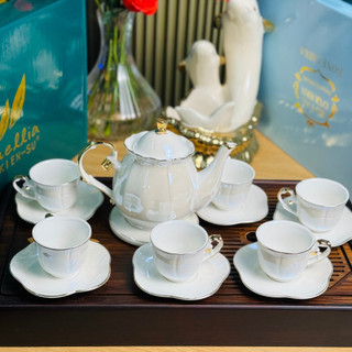 Bộ ấm trà sứ trắng ngà viền vàng - bộ ấm pha trà đĩa rời sang trọng