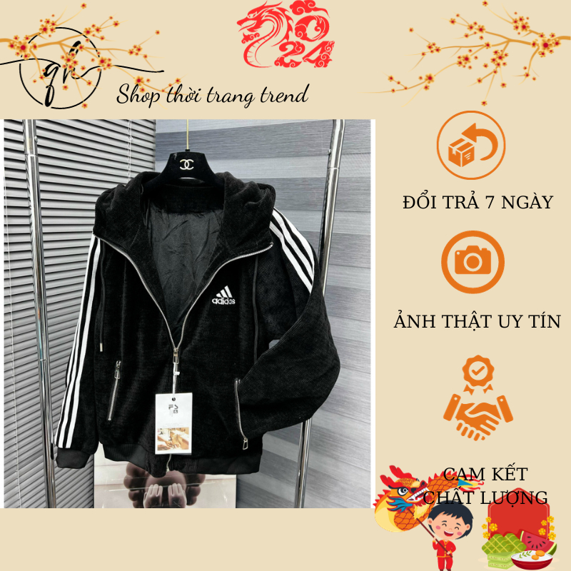 Áo Khoác Jacket thêu logo ADIDAZ phối sọc tay áo, chất vải nhung lót lông dày dặn, có mũ chùm đầu hot 2024