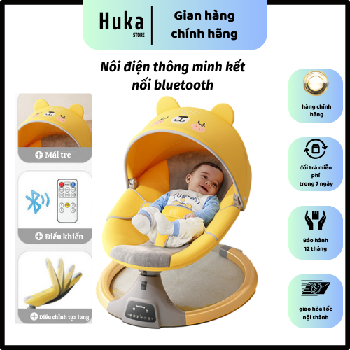Nôi điện cho bé cao cấp, nôi điện đưa tự động có kết nối bluetooth và điều khiển từ xa, Bộ nôi điện đầy đủ phụ kiện Huka