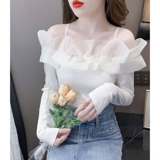 Áo kiểu nữ Len 4 Màu 2 Dây Dài Tay Trễ Vai Phối Bèo Voan Kiểu Dáng Nữ Tính Sang Trọng Lịch Sự 4 Màu Trắng Đỏ Hồng Đen