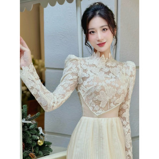 Váy Ren Nữ Dài Dự Tiệc Thiết Kế MAY CH157 Màu Kem Sáng Da – Váy Tiểu Thư Dự tiệc Thanh Lịch Chuẩn MAY