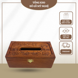 Hộp đựng khăn giấy trạm khắc hoa văn tinh xảo, chất liệu gỗ hương đá bền đẹp cao cấp