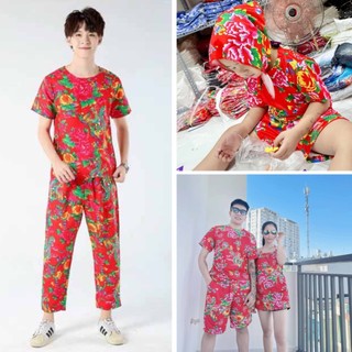 Nguyên Set Đồ Bộ Chúc Tết Gia ĐÌnh Đủ Size 10-100kg - Chất Thun Lạnh In 3D, Họa Tiết Hoa Công Phượng Khăn Trải Bàn